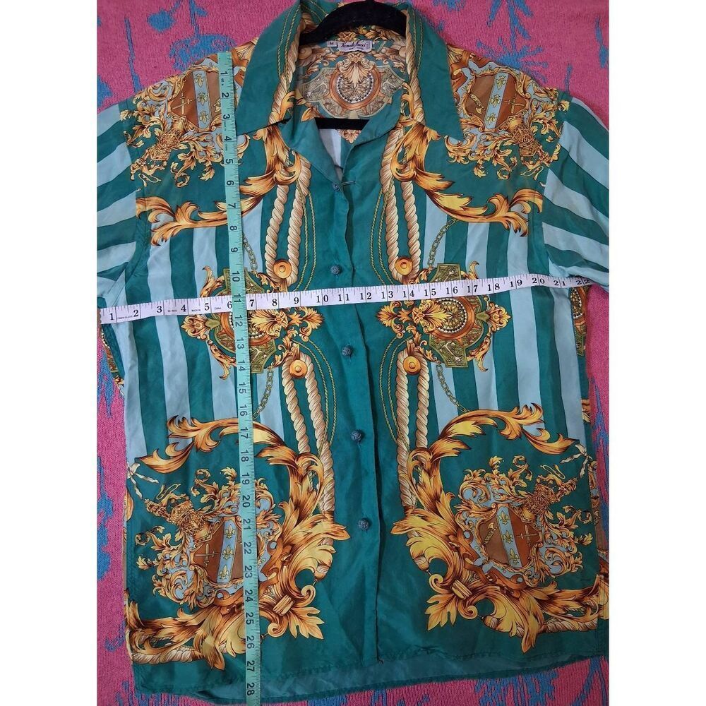 Vintage renato nucci womens medium 100% silk blouse equestrian green whimsical - Picture 2 of 8